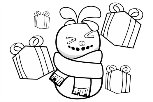Line Art of a Cheerful Snowman Surrounded by Gift Boxes vector