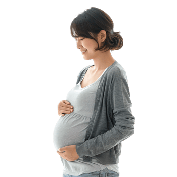 A woman is pregnant and wearing a gray sweater. Concept of happiness and joy, as the woman is excited about the upcoming arrival of her baby png