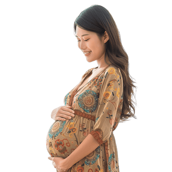 A pregnant woman is wearing a floral print dress isolated on transparent background png
