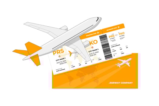 Passenger plane flying above airplane yellow ticket. Air travel boarding pass sign concept. Flight tourism journey booking icon. Airways company document isolated eps symbol vector