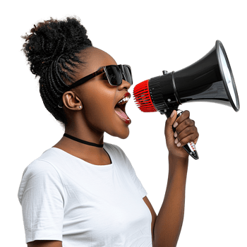 A woman with dreadlocks is holding a microphone and yelling into it png