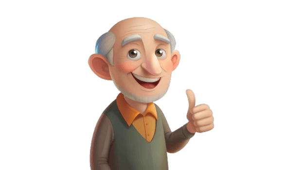 Happy smiling cartoon character old senior elder mature man grandfather person showing thumb up gesture in 3d style design png