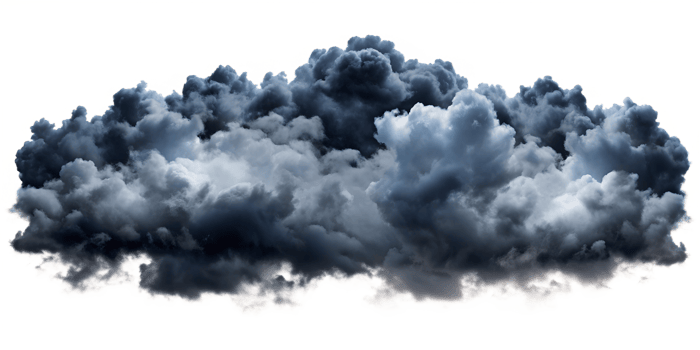 Moody dark clouds on black background, cut out transparent png
