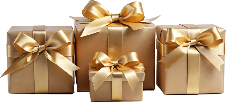 Luxurious gold wrapped Christmas gifts, cut out transparent png