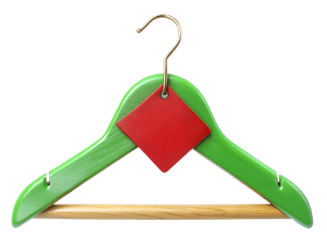 Green clothes hanger with red tag isolated on transparent background png