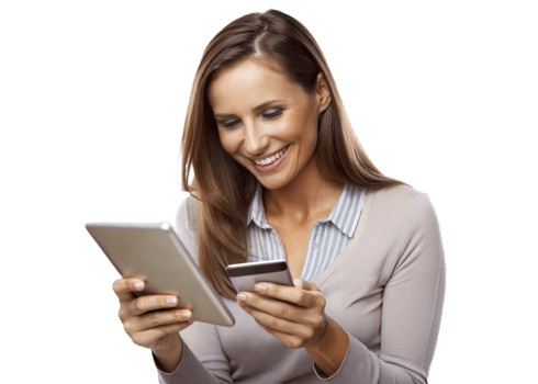Woman using tablet and phone isolated on transparent background png
