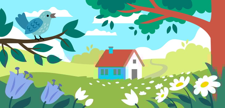 Country landscape with flowers. Spring bloom nature with house and bird. vector