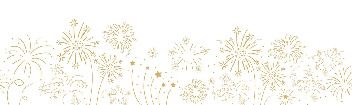 Fireworks festive explosion golden bursts, sparks in doodle style seamless pattern border. Holiday celebration decoration. vector