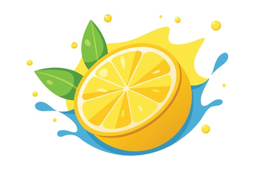 Vibrant lemon slice surrounded by a dynamic splash of water flat illustration on white background vector