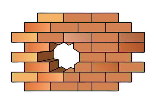 A brick wall featuring a noticeable hole, revealing the space behind it, showcasing the texture of the bricks flat illustration on white background vector