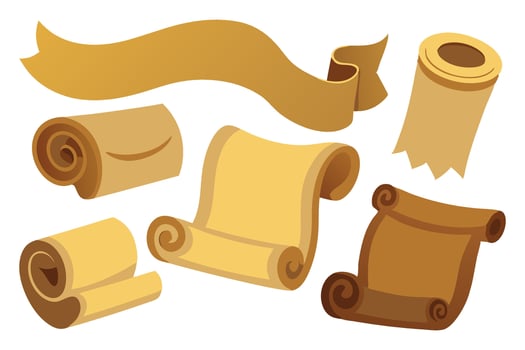 Old paper roll, showcasing its vintage texture and curled edges illustration set on white background vector