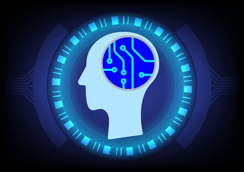 Artificial Intelligence Network Head Brain Technology. AI technology concept artificial abstract human side face and glowing brain with chip circuit board. vector