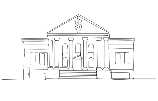 Continuous one line drawing of bank building, finance and banking concept, single line art. vector