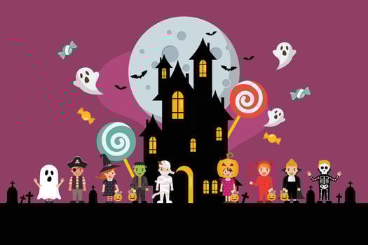 Children in halloween costumes with spooky house. Happy Halloween party poster. vector