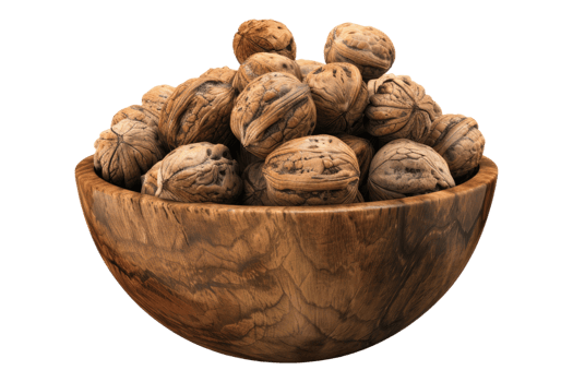Bowl of whole walnuts on transparent background png