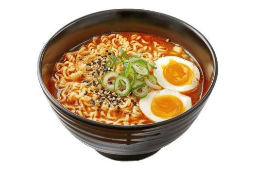 Ramen noodle soup with eggs isolated on transparent background. png