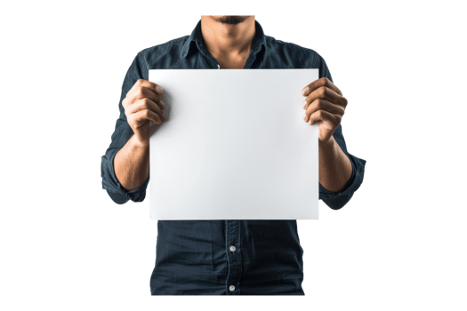 Close up of man holding blank white paper for writing issues or demands isolated on transparent background. png