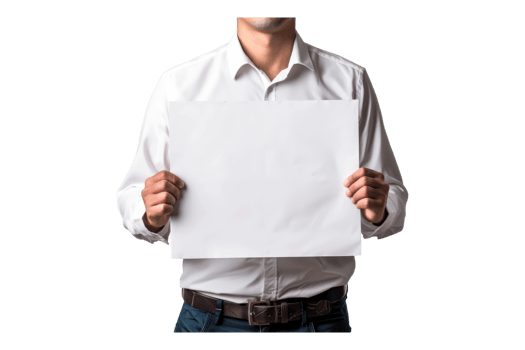 Close up of man holding blank white paper for writing issues or demands isolated on transparent background. png