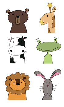 Animals collection. Simple set of animal characters - bunny, lion, bear, giraffw, cow, frog vector