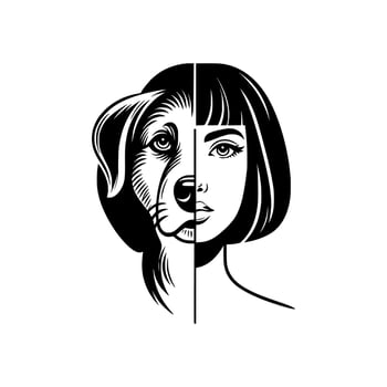 black and white illustration of a face split into a dog on one side and a woman on the other. Minimalist design with deep symbolism, perfect for art or psychology projects. vector
