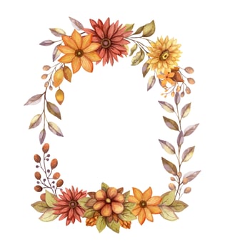 Arch wreath fall flower with watercolor Aster and branch of berries. Hand drawn red and orange blooming floral frame in rustic style. Perfect for autumn botanical invitation and card designs. vector
