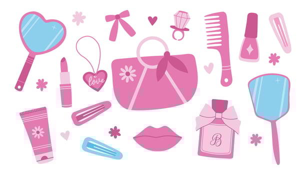 Pink doll trendy set with cosmetics and hair accessories. Glamorous fashion pink girl collection. Cartoon illustration vector