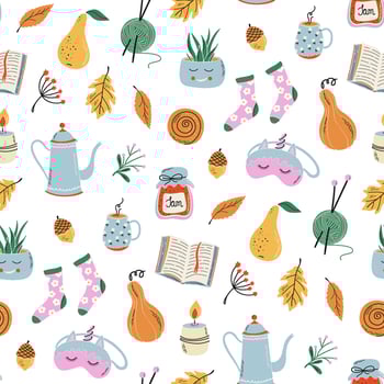 Hygge Autumn seamless pattern. Cute fall background. Hand drawn flat design illustration. vector