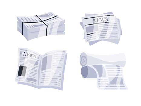 Set of illustrations representing newspapers folded, rolled and stacked vector
