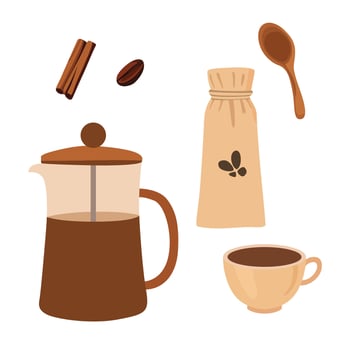 Set of Beans Bag, Coffee Cup, and French Press vector