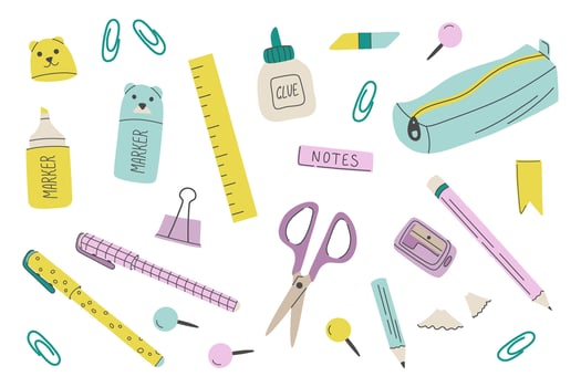 School stationery and supplies set. Accessories for study. Back to school collection. Hand drawn flat style illustration. vector