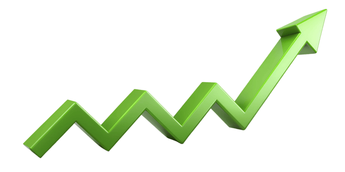 Green upward arrow symbolizing growth, isolated against transparent background png