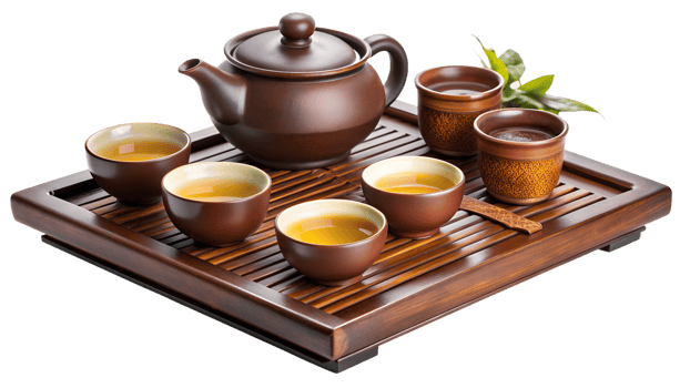 Classic tea set with four brown cups on wooden tray, transparent background png