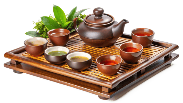 Traditional Chinese tea set with brown teapot, six cups, transparent background png