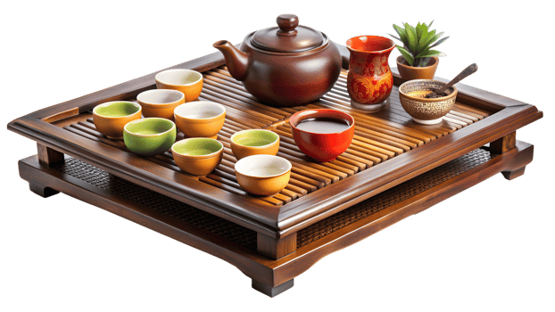 Elegant tea ceremony setup with wooden tray, colorful cups, transparent background png