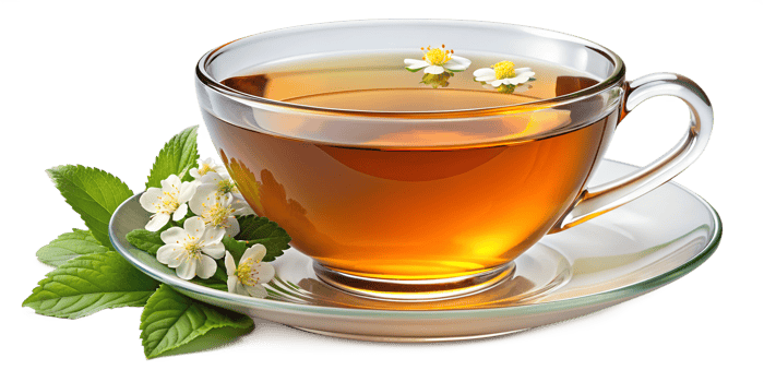 Cup of herbal tea with mint leaves and flowers, transparent background png