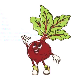 Cartoon groovy beet vegetable with vibrant leaves vector