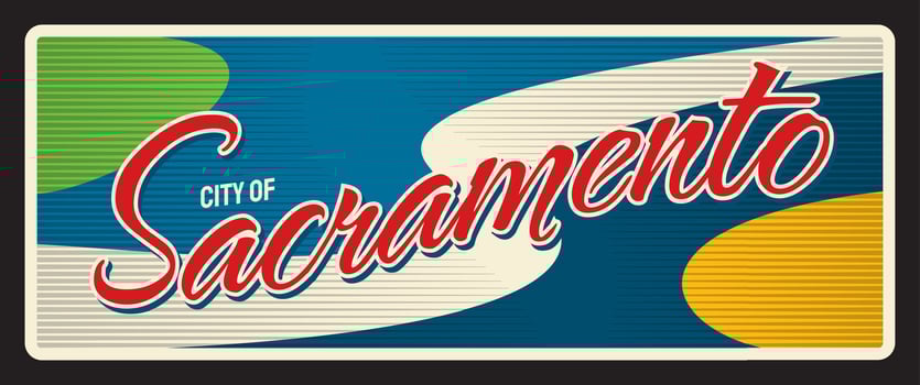 Sacramento tin sign, american retro travel plate vector