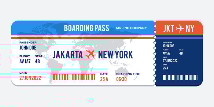 modern Airplane ticket design. Realistic illustration of airplane ticket boarding pass with passenger name and destination. Concept of travel, journey or business trip. vector