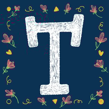 Hand-drawn letter T with chalk texture and decorative elements on a blue background, ideal for educational and creative design projects. vector