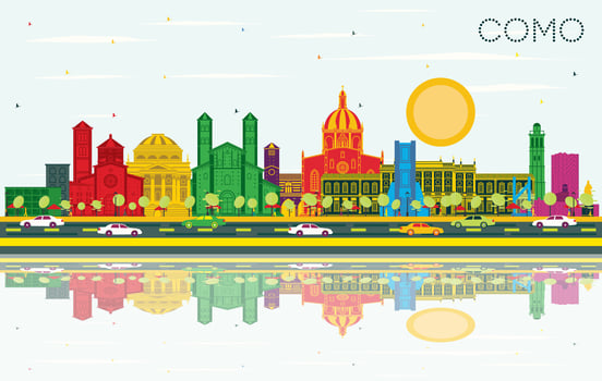 Como Italy City Skyline with Color Buildings, Blue Sky and Reflections. Business Travel and Concept with Historic Architecture. Como Cityscape with Landmarks. vector