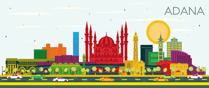Adana Turkey City Skyline with Color Buildings and Blue Sky. Business Travel and Concept with Historic Architecture. Adana Cityscape with Landmarks. vector