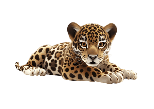 Cute jaguar cub with spots lying down. Isolated on transparent background png
