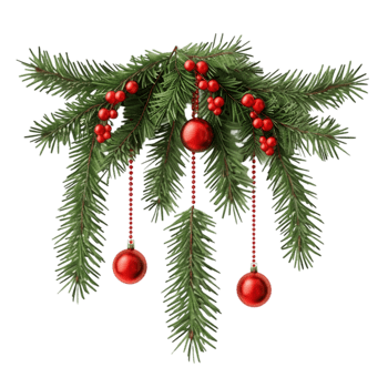 Festive Christmas Arrangement with Pine Twigs and Red Ornaments png