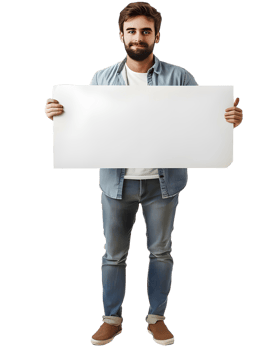 Man holding blank sign, smiling and looking at the camera. Isolated on transparent background png