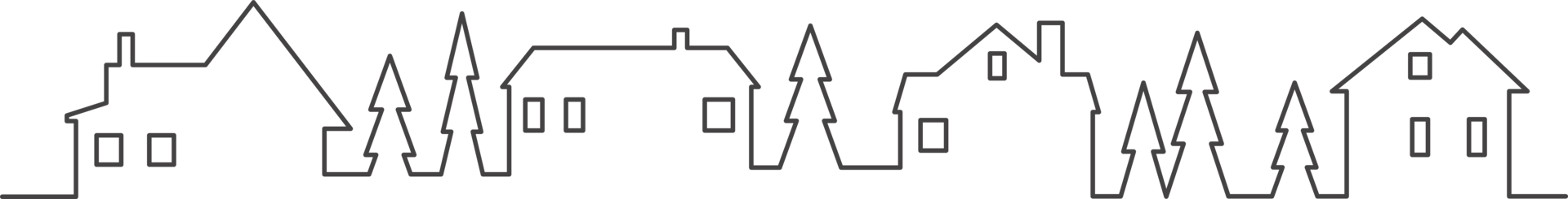 Town and village houses on skyline. Silhouette line of small buildings in neighborhood. Christmas rural simple drawing. Winter country landscape with trees png