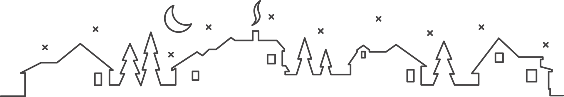 Town and village houses on skyline. Silhouette line of small buildings in neighborhood. Christmas rural simple drawing. Winter country landscape with trees in night png