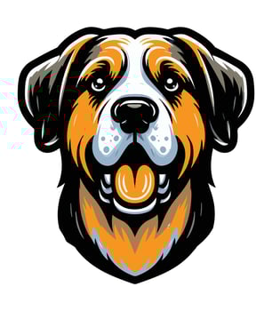 A clean and bold art illustration of a dog head, featuring sharp, defined lines and a minimalist design. The dog expression is focused and strong, with detail vector