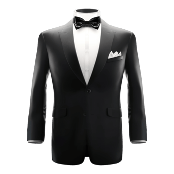 A black tuxedo with a bow tie and pocket square png