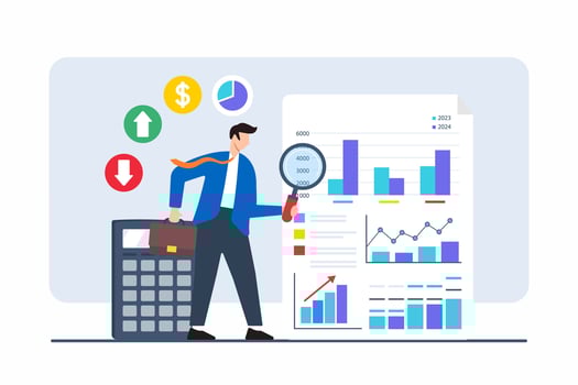 Flat illustration of businessman analyzing documents with numbers graphs and charts to uncover answers vector