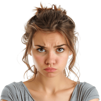 A woman with brown hair and a red nose is looking at the camera with a frown on her face png